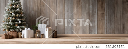 Festive Christmas Tree and Beautifully Wrapped Presents in Cozy Wooden Setting Festive Christmas Tree and Beautifully Wrapped Presents in Cozy Wooden Setting 131807151