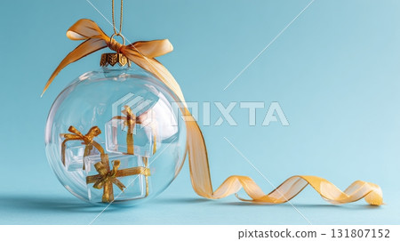 Decorative Glass Ornament With Wrapped Gifts Inside Hanging on Blue Background 131807152