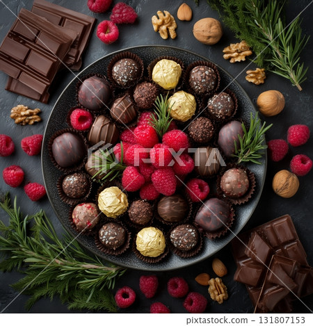 Delicious Chocolate Truffles With Fresh Berries and Nuts Arranged Beautifully on a Dark Background Delicious Chocolate Truffles With Fresh Berries and Nuts Arranged Beautifully on a Dark Background 131807153