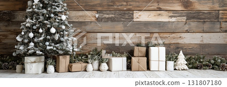 Festive Christmas Tree and Beautifully Wrapped Presents in Cozy Wooden Setting 131807180