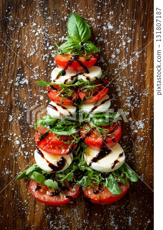 Unique Salad Arrangement Shaped Like a Christmas Tree With Fresh Ingredients on a Wooden Board 131807187