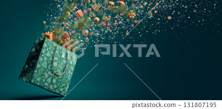 Colorful Gift Bag Bursting With Festive Decorations in Vibrant Setting 131807195