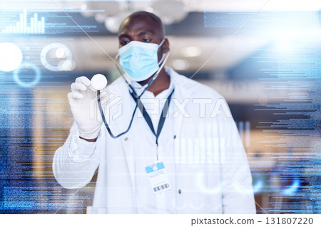 Doctor, man and stethoscope in hand with overlay, hologram and listen with big data analysis, graph and futuristic lab. African medic, medical research and holographic display with covid mask at job Doctor, man and stethoscope in hand with overlay, hologram and listen with big data analysis, graph and futuristic lab. African medic, medical research and holographic display with covid mask at job 131807220