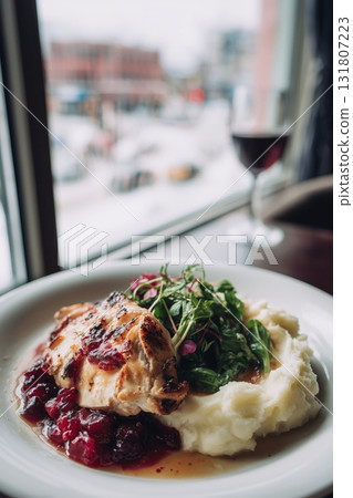Delicious Homemade Chicken With Mashed Potatoes and Salad on a Cozy Table by the Window Delicious Homemade Chicken With Mashed Potatoes and Salad on a Cozy Table by the Window 131807223