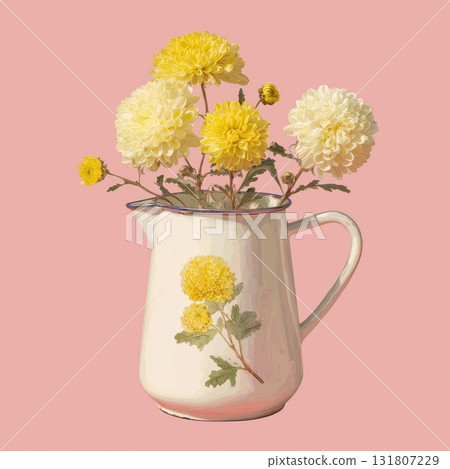 Bright Chrysanthemums in a Vintage Ceramic Pitcher Against a Soft Pink Background 131807229