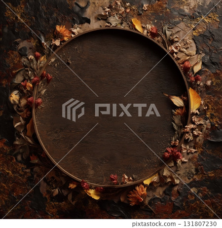 Decorative Round Wooden Frame With Dried Flowers on a Textured Background 131807230
