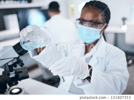 Science, covid and testing with a black woman doctor working in a laboratory for research or innovation. Medical, analytics and development with a female scientist at work in a lab for chemistry 131807353