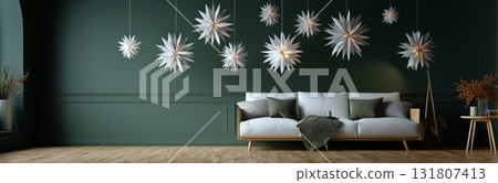 Modern Living Room Design Featuring Stylish Star-Shaped Light Fixtures and a Cozy Sofa Modern Living Room Design Featuring Stylish Star-Shaped Light Fixtures and a Cozy Sofa 131807413