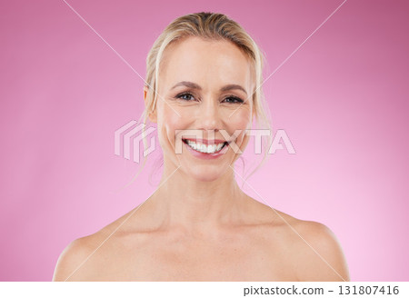 Beauty, skincare and portrait of woman with smile, glowing skin and and natural spa makeup in studio. Mockup, advertising and luxury cosmetics, face of happy blonde model isolated on pink background. Beauty, skincare and portrait of woman with smile, glowing skin and and natural spa makeup in studio. Mockup, advertising and luxury cosmetics, face of happy blonde model isolated on pink background. 131807416