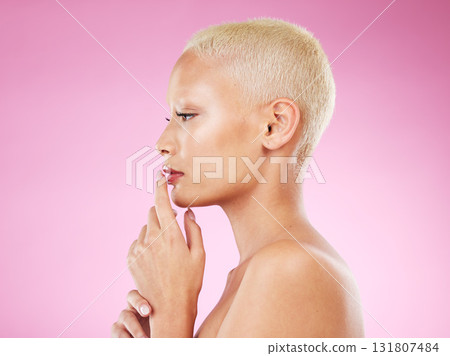 Woman, beauty and makeup in skincare cosmetics for facial or spa treatment against pink studio background. Female face and hands thinking in satisfaction for luxury cosmetic or perfect skin on mockup Woman, beauty and makeup in skincare cosmetics for facial or spa treatment against pink studio background. Female face and hands thinking in satisfaction for luxury cosmetic or perfect skin on mockup 131807484