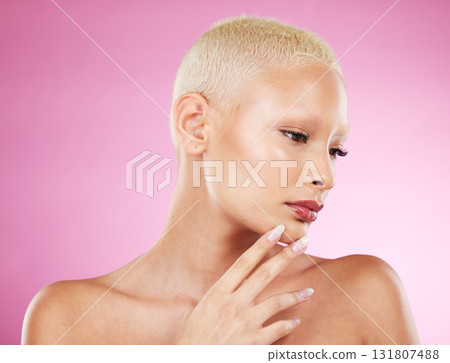 Black woman, skincare beauty and makeup in studio with short blonde hair, hand and face by pink background. African gen z model, girl and natural glow on skin with wellness, aesthetic and self care 131807488