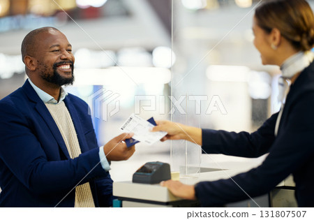 Airport, black man and passport for travel, woman assist client, smile or traveler check in. Business, African American male, passenger or ceo with ticket, employee helping with flight or immigration 131807507