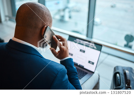 Phone call, laptop and man at airport with travel agency website, schedule and communication services. African business person in waiting room or lobby with suitcase, smartphone and booking online 131807520