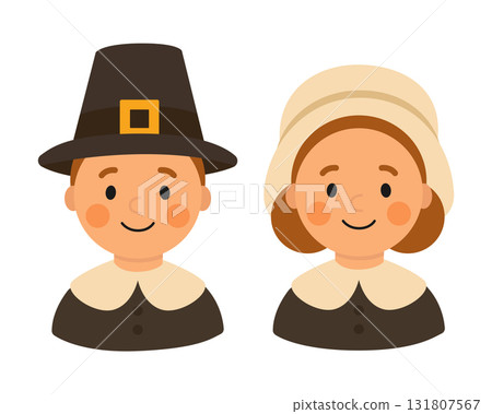 A pair of pilgrims. Thanksgiving design. Isolated white background. Flat style vector illustration 131807567