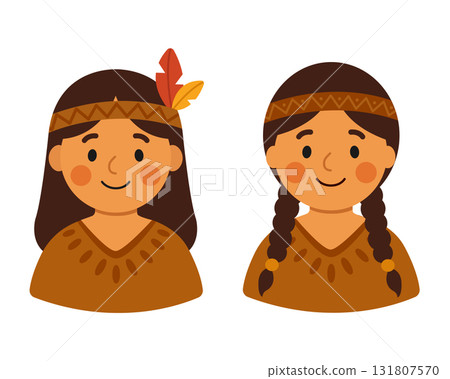 A pair of Native Americans. Thanksgiving design. Isolated white background. Flat style vector illustration A pair of Native Americans. Thanksgiving design. Isolated white background. Flat style vector illustration 131807570