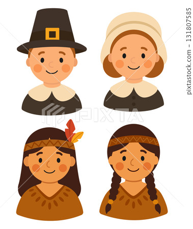 Cute portraits of a Native American couple and a Pilgrim couple. Design for Thanksgiving. Flat-style vector illustration. Cute portraits of a Native American couple and a Pilgrim couple. Design for Thanksgiving. Flat-style vector illustration. 131807585