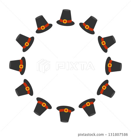 Round frame of Pilgrim hats. Thanksgiving design. Isolated white background. Vector illustration in flat style 131807586