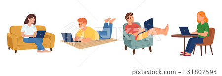 Men and women at laptops. Working from home. Isolated white background. Vector illustration in flat style Men and women at laptops. Working from home. Isolated white background. Vector illustration in flat style 131807593