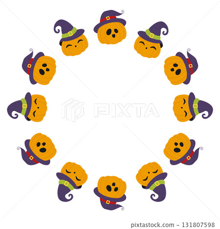 Round frame of pumpkins. Halloween design. Isolated white background. Vector illustration in flat style Round frame of pumpkins. Halloween design. Isolated white background. Vector illustration in flat style 131807598