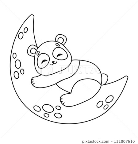 A cute cartoon panda is sleeping on the moon. Colouring page. Isolated white background. Vector illustration 131807610
