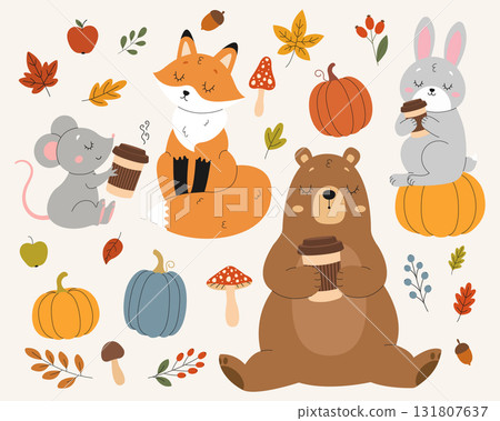 Cute animals, a fox, a bear, a rabbit and a mouse, enjoy warm coffee surrounded by autumn leaves, pumpkins and mushrooms. Isolated background. Vector illustration 131807637