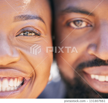 Love, zoom and portrait of happy black couple with smile on face and romantic date for valentines day. Happiness, romance and man and woman smiling together in close embrace and loving relationship. Love, zoom and portrait of happy black couple with smile on face and romantic date for valentines day. Happiness, romance and man and woman smiling together in close embrace and loving relationship. 131807661