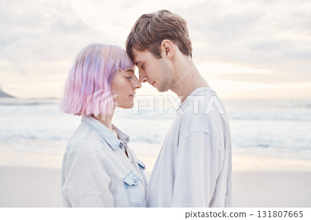 Love, beach and couple with a intimate moment while on summer date for valentines day or anniversary. Romance, sea and young gen z man and woman embracing with intimacy by ocean together in Australia Love, beach and couple with a intimate moment while on summer date for valentines day or anniversary. Romance, sea and young gen z man and woman embracing with intimacy by ocean together in Australia 131807665