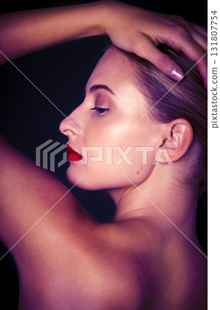 Back, skincare and woman with dermatology, cosmetics and girl on dark studio background. Makeup, female and lady with shoulder, morning routine and grooming style for treatment, smooth and clear skin 131807754