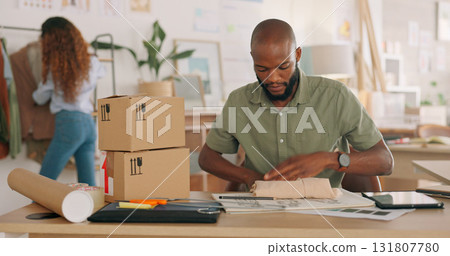 Business owner, delivery box or black man with clothes package for export or ecommerce shipping. Dropshipping, fashion product or African entrepreneur supply chain distribution for cargo or courier 131807780