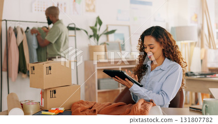 Tablet, delivery box or designer with fashion inventory, stock or package product for e commerce. Smile, sales logistics or happy woman business owner typing to search for courier supply chain online 131807782