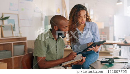 Teamwork, tablet or designers planning fashion, clothing, fabrics or boutique clothes in office together. Creative people talking, speaking or working on ideas with strategy notes in collaboration 131807795