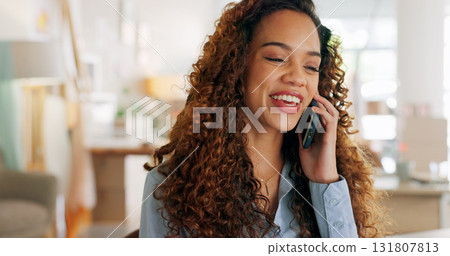 Phone call, fashion and young woman in her office with a smile for creative or artistic career. Start up, small business and professional designer from Mexico on mobile conversation for communication Phone call, fashion and young woman in her office with a smile for creative or artistic career. Start up, small business and professional designer from Mexico on mobile conversation for communication 131807813