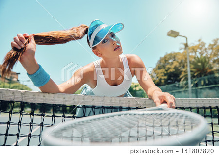 Tennis, fashion and woman with portrait on outdoor court, exercise and athlete with training, model and sport style. Beauty, sports and fitness with lifestyle, summer and motivation with workout 131807820