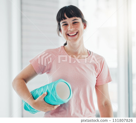 Portrait, yoga and fitness with a woman in studio for wellness, mental health or inner peace. Exercise, zen and chakra with a happy female standing in gym for faith, mindfulness or spiritual balance 131807826