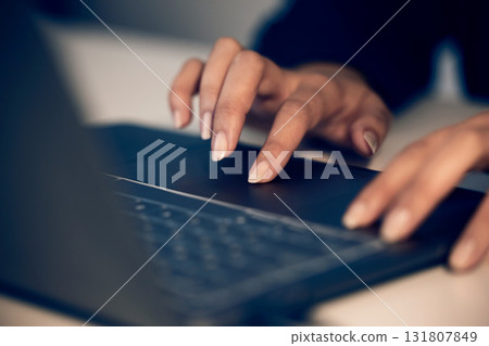 Hands, business woman and typing on laptop in office, working on email or project online. Technology, computer keyboard and female professional writing reports, planning or internet research at night 131807849