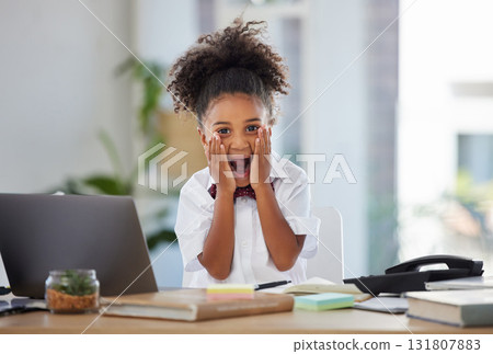 Surprised, business and portrait of child in office for corporate, playing and comic. Shocked, laptop and professional with young girl screaming at desk for modern, executive and formal in workplace 131807883