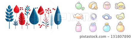 Charming hand-drawn illustration featuring whimsical flora in red and blue colors alongside assorted colorful baby necessities 131807890