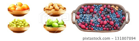 Diverse fruit medley, featuring golden apples, pear-shaped snacks, grapes and berries arranged in elegant dishes and wooden tray. 131807894