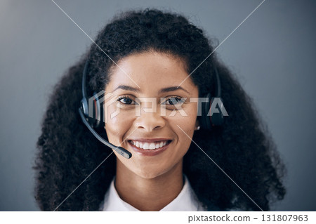 CRM, customer service face or black woman smile for success B2B deal, support or telemarketing in studio background. Happy or callcenter consultant portrait for contact us, telecom or sales network CRM, customer service face or black woman smile for success B2B deal, support or telemarketing in studio background. Happy or callcenter consultant portrait for contact us, telecom or sales network 131807963
