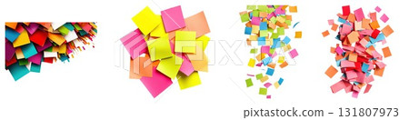 Four Varied Arrangements of Vibrant Paper Squares Isolated on a Clean, White Background Four Varied Arrangements of Vibrant Paper Squares Isolated on a Clean, White Background 131807973