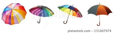 Diverse collection of colorful umbrellas isolated against white, offering vibrant protection and whimsical style. Diverse collection of colorful umbrellas isolated against white, offering vibrant protection and whimsical style. 131807974