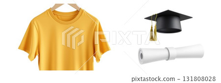 Yellow T-shirt, Graduation Cap and Diploma for School, Academic Achievement, Isolated on White Yellow T-shirt, Graduation Cap and Diploma for School, Academic Achievement, Isolated on White 131808028