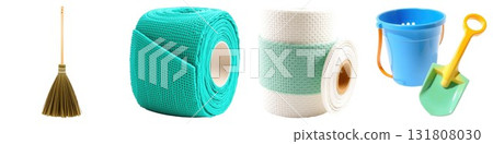 Playful Collection: Vibrant Broom, Turquoise Mesh, White Roll, Blue Bucket, and Yellow Shovel Isolated 131808030