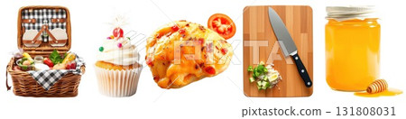 Delicious food and condiments set, including picnic basket, cupcake, chicken bake, and honey jar 131808031