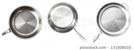 Sleek Stainless Steel Pans Collection, Kitchen Cookware Essentials Isolated on White Backdrop 131808038