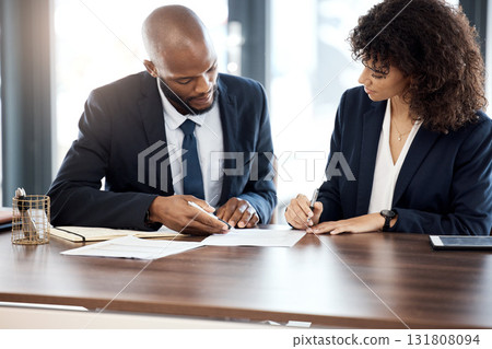 Documents, business and black people planning with contract for accounting budget, company portfolio or review. Teamwork, financial advisor and analysis of notes, investment report or legal paperwork 131808094