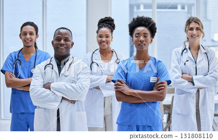 Proud, diversity and doctors portrait in healthcare mission, hospital values and teamwork or leadership. Group of medical staff, nurses or professional employees face of USA clinic in workforce goals 131808110