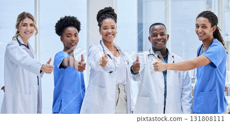 Portrait, team of doctors and thumbs up for teamwork, support and hospital services mission. Medical nurses, people or diversity employees face for healthcare like, vote and thank you emoji hands 131808111