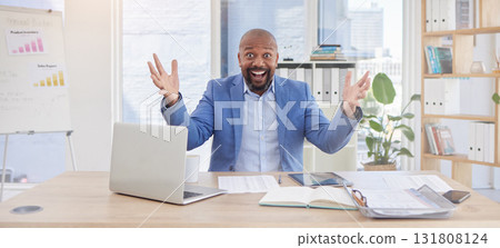 Black man, portrait and wow success in finance office for investment growth, savings budget or financial profit. Smile, happy and winner corporate worker with laptop, paper or insurance achievement Black man, portrait and wow success in finance office for investment growth, savings budget or financial profit. Smile, happy and winner corporate worker with laptop, paper or insurance achievement 131808124