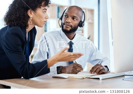 CRM, customer service or teamwork writing notes for coaching, consulting or networking in office. Call center, learning or black man and woman on tech for telemarketing, research or strategy support CRM, customer service or teamwork writing notes for coaching, consulting or networking in office. Call center, learning or black man and woman on tech for telemarketing, research or strategy support 131808126
